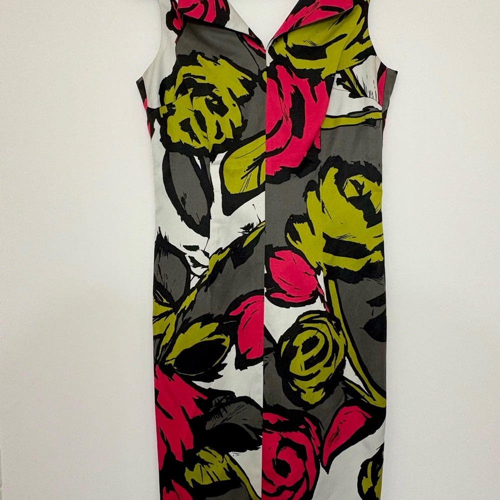 Trina Turk Pink and Green Floral Sheath Dress V-Neck Sleeveless